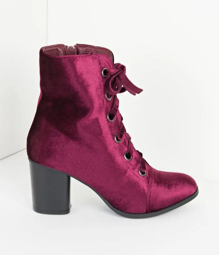 Bordeaux Purple Velvet Lace Up Bootie Shoes Unique Vintage Heels