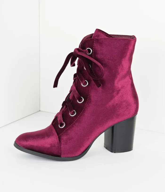 Bordeaux Purple Velvet Lace Up Bootie Shoes Unique Vintage Heels
