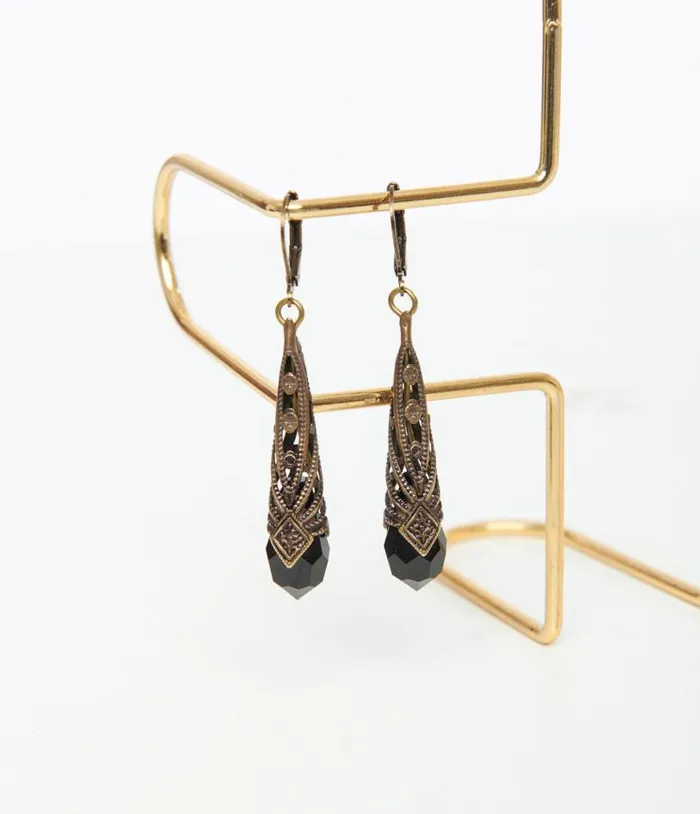 Bronze Art Deco and Black Rhinestone Drop Earrings Accessories Unique Vintage Earrings Bronze Art Deco and Black Rhinestone Drop Earrings Accessories Unique Vintage Earrings