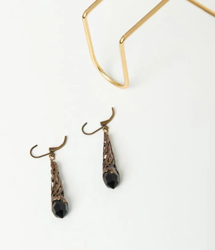 Bronze Art Deco and Black Rhinestone Drop Earrings Accessories Unique Vintage Earrings