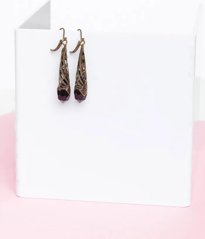 Bronze Art Deco and Black Rhinestone Drop Earrings Accessories Unique Vintage Earrings