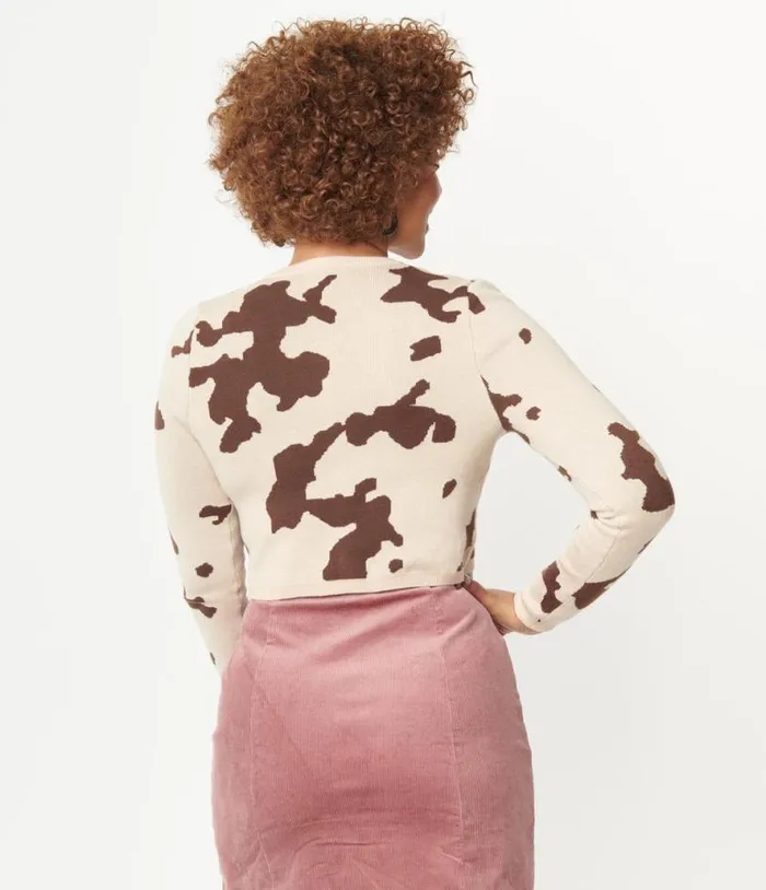 Brown Cow Print Crop Cardigan Clothing Unique Vintage Sweaters and Cardigans
