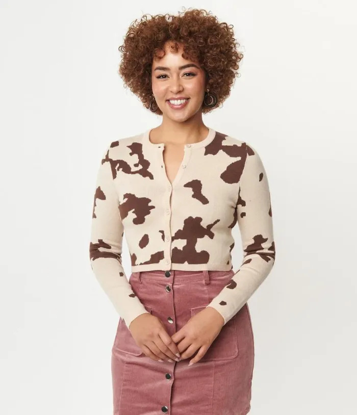 Brown Cow Print Crop Cardigan Clothing Unique Vintage Sweaters and Cardigans