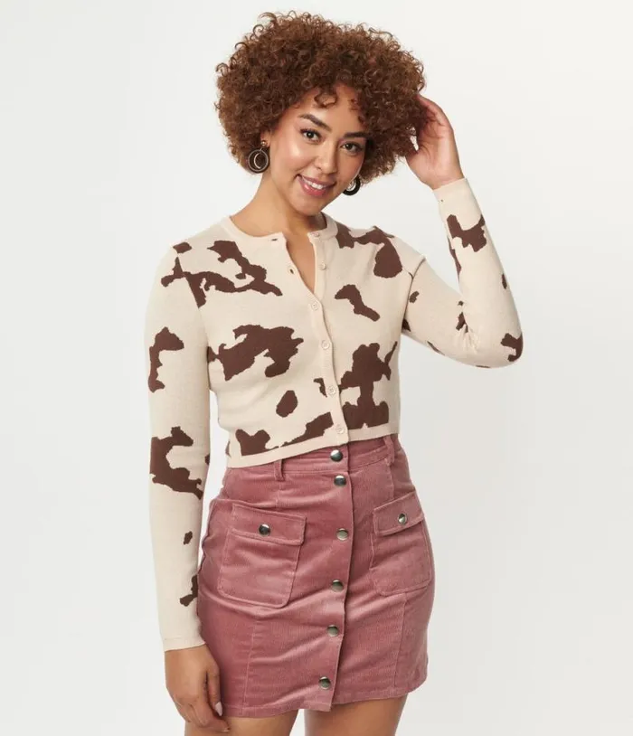 Brown Cow Print Crop Cardigan Clothing Unique Vintage Sweaters and Cardigans