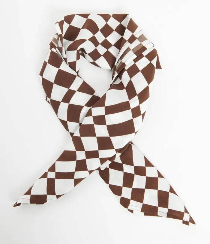 Brown Distorted Check Hair Scarf Accessories Unique Vintage Gloves and Scarves Brown Distorted Check Hair Scarf Accessories Unique Vintage Gloves and Scarves