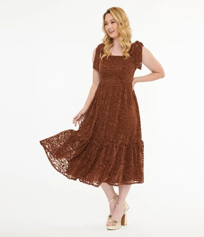 Brown Velvet Lace Midi Dress Dresses Unique Vintage Midi