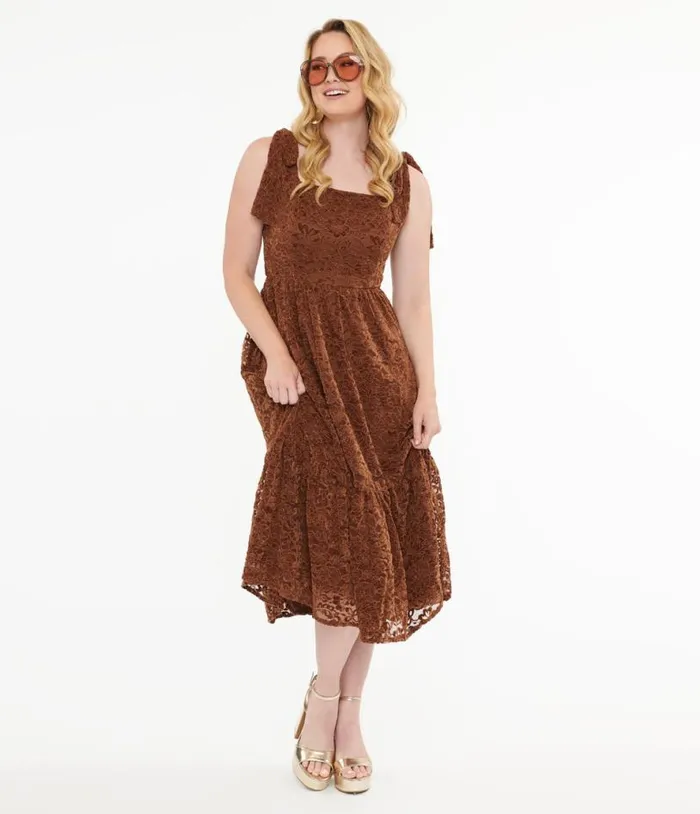 Brown Velvet Lace Midi Dress Dresses Unique Vintage Midi