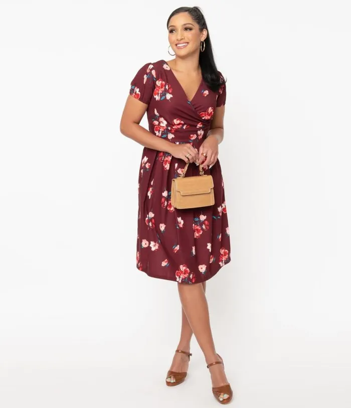 Burgundy and Pink Floral Tilly Swing Dress Dresses Unique Vintage Pocket Dresses Burgundy and Pink Floral Tilly Swing Dress Dresses Unique Vintage Pocket Dresses