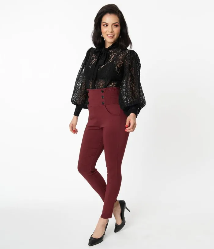 Burgundy High Waist Quinn Skinny Pants Clothing Unique Vintage Pants