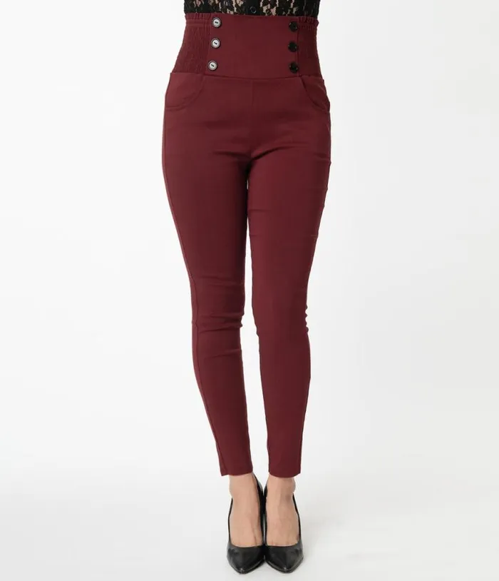 Burgundy High Waist Quinn Skinny Pants Clothing Unique Vintage Pants