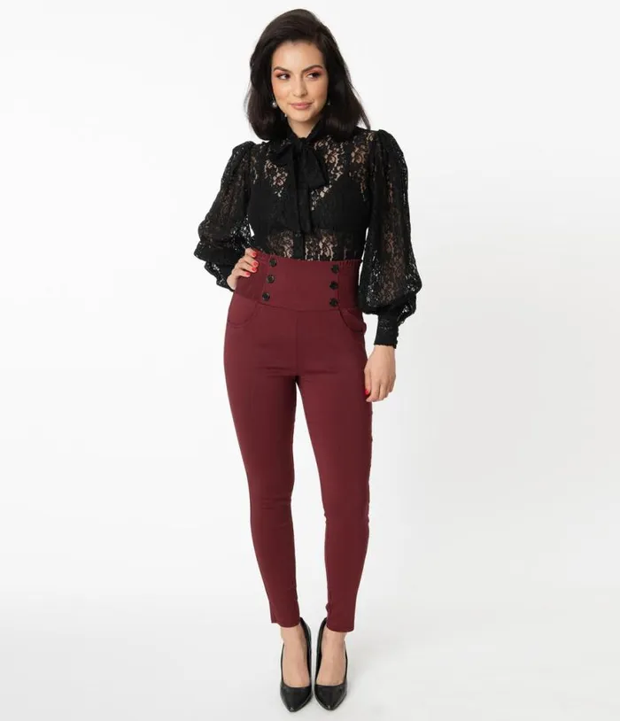 Burgundy High Waist Quinn Skinny Pants Clothing Unique Vintage Pants