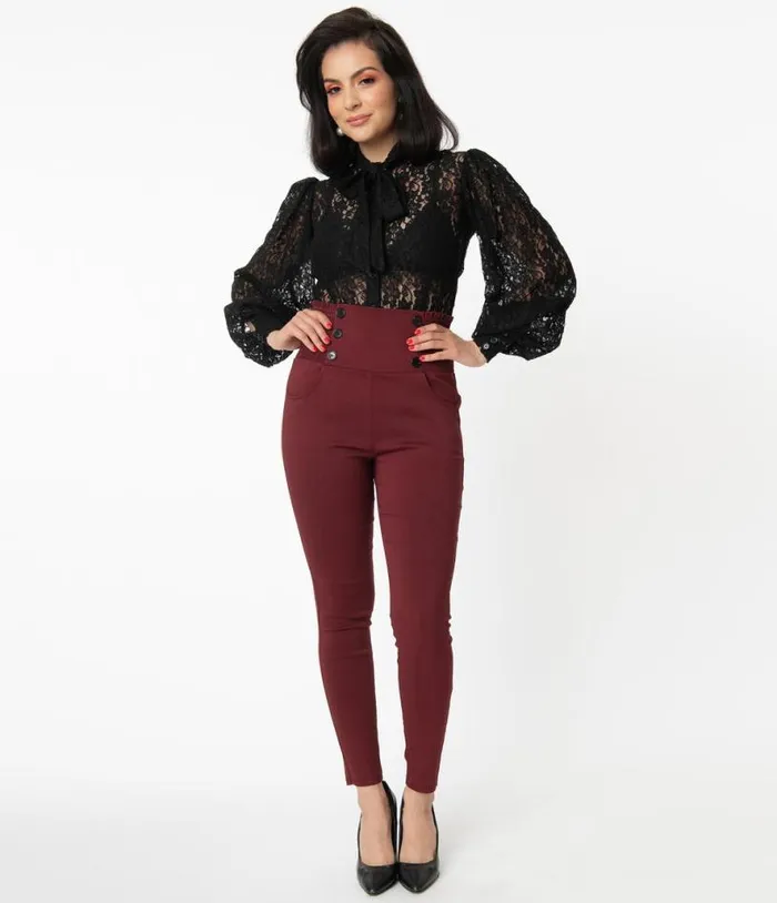 Burgundy High Waist Quinn Skinny Pants Clothing Unique Vintage Pants