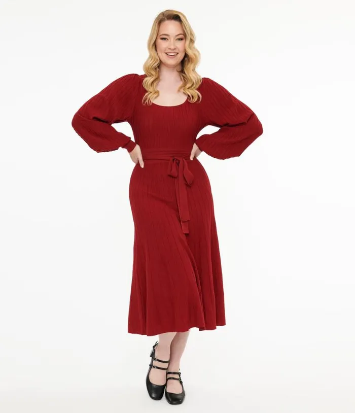 Burgundy Keep Looking Up Sweater Midi Dress Dresses Unique Vintage Midi
