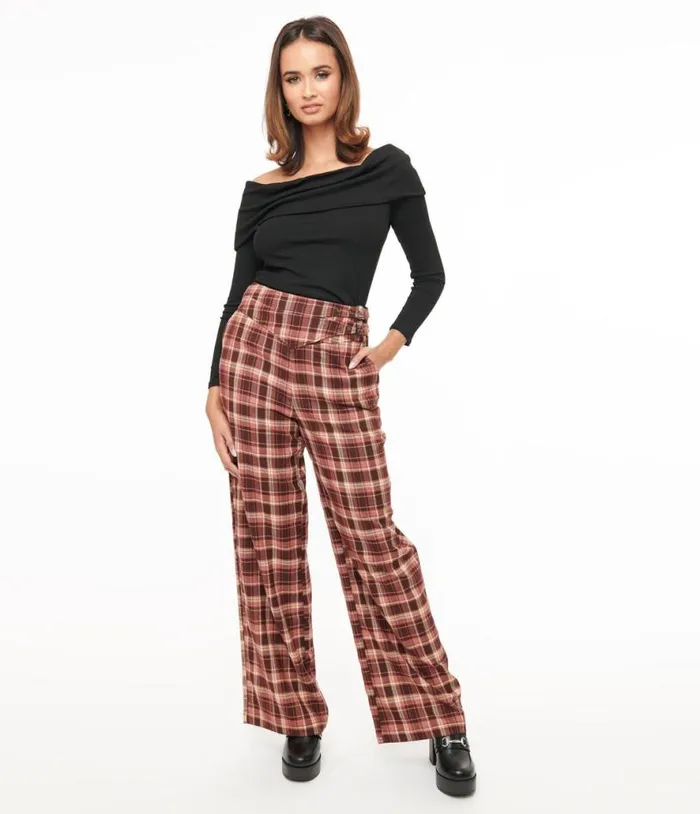 Burgundy Plaid Double Belt Woven Pants Clothing Unique Vintage Pants