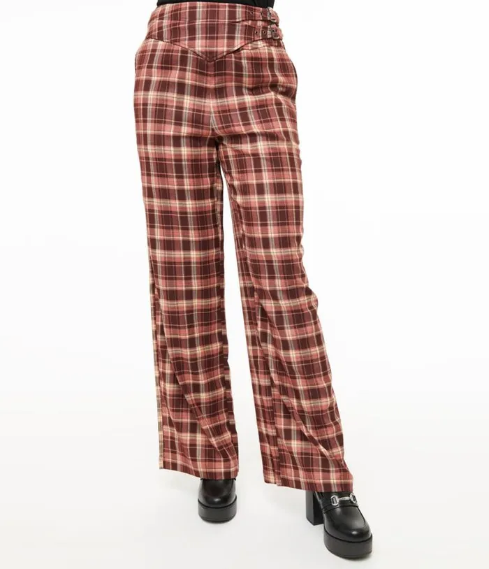 Burgundy Plaid Double Belt Woven Pants Clothing Unique Vintage Pants
