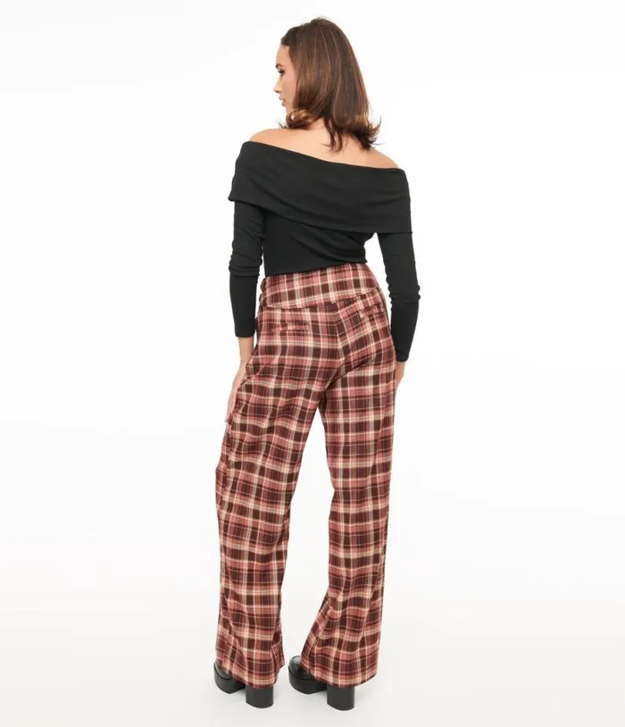 Burgundy Plaid Double Belt Woven Pants Clothing Unique Vintage Pants
