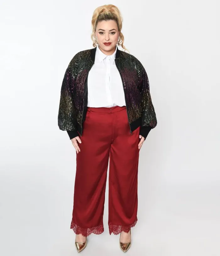 Burgundy Satin and Lace Trim Mathilde Pants ClothingPlus Unique Vintage Pants