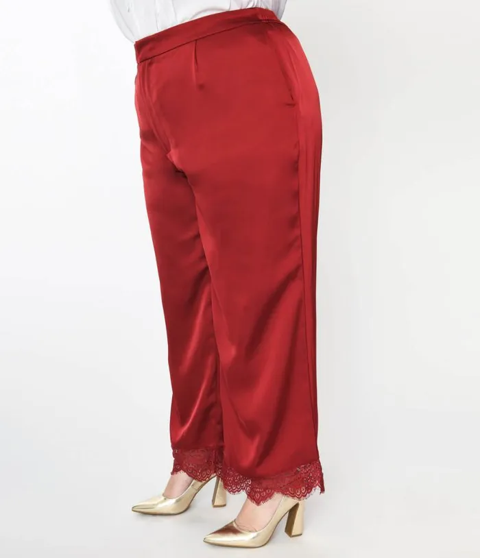 Burgundy Satin and Lace Trim Mathilde Pants ClothingPlus Unique Vintage Pants