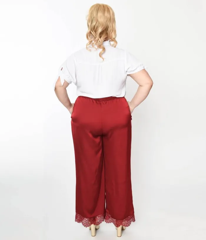 Burgundy Satin and Lace Trim Mathilde Pants ClothingPlus Unique Vintage Pants