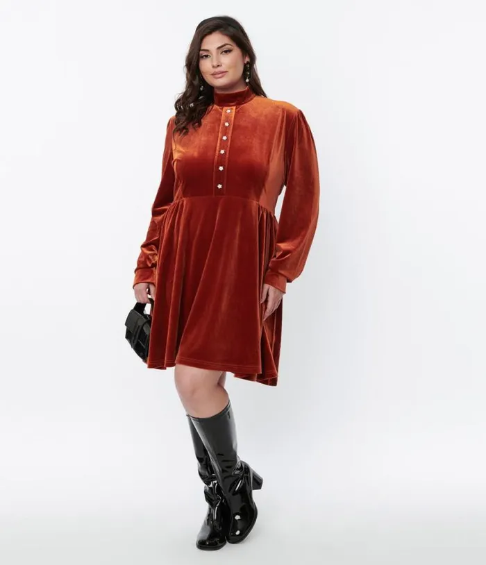 Burnt Orange Velvet Myers Fit and Flare Dress DressesHalloween Unique Vintage Pocket Dresses Burnt Orange Velvet Myers Fit and Flare Dress DressesHalloween Unique Vintage Pocket Dresses