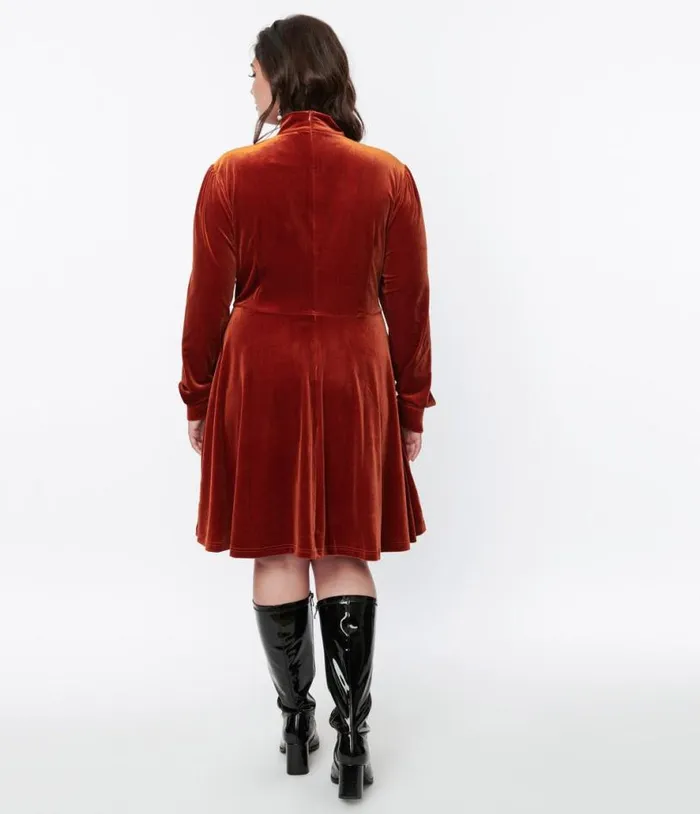 Burnt Orange Velvet Myers Fit and Flare Dress DressesHalloween Unique Vintage Pocket Dresses