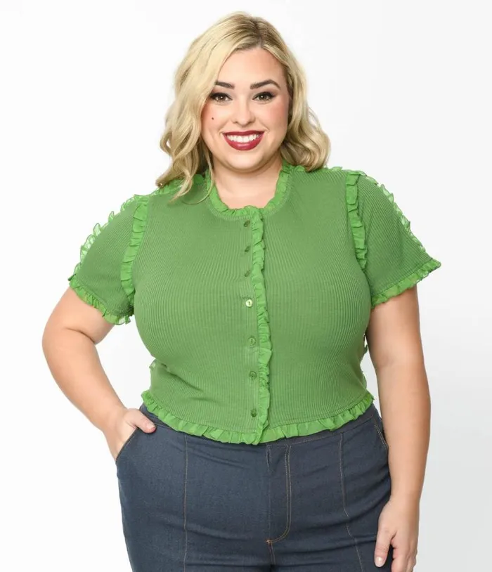 Cactus Green Ruffle Edge Knit Top ClothingPlus Unique Vintage Blouses