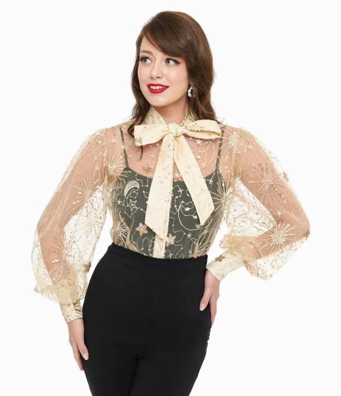 Champagne Celestial Sequin Sheer Gwen Blouse Clothing Unique Vintage Blouses