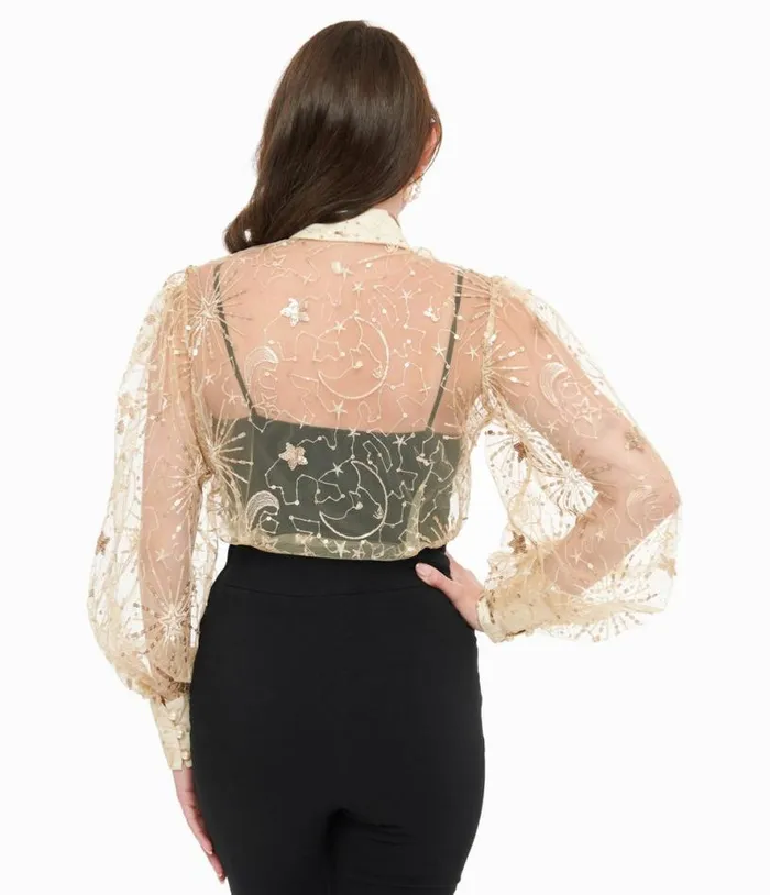 Champagne Celestial Sequin Sheer Gwen Blouse Clothing Unique Vintage Blouses