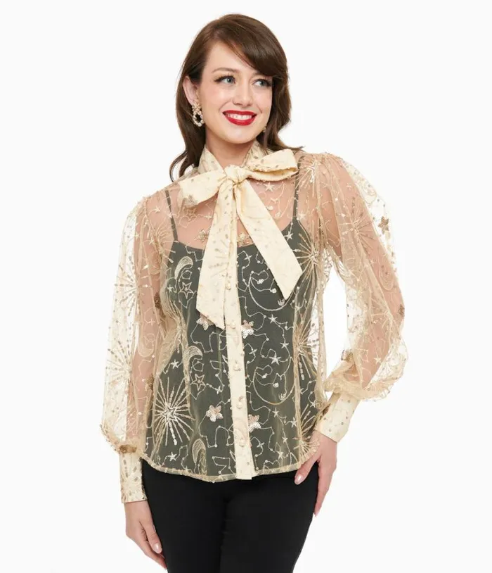 Champagne Celestial Sequin Sheer Gwen Blouse Clothing Unique Vintage Blouses
