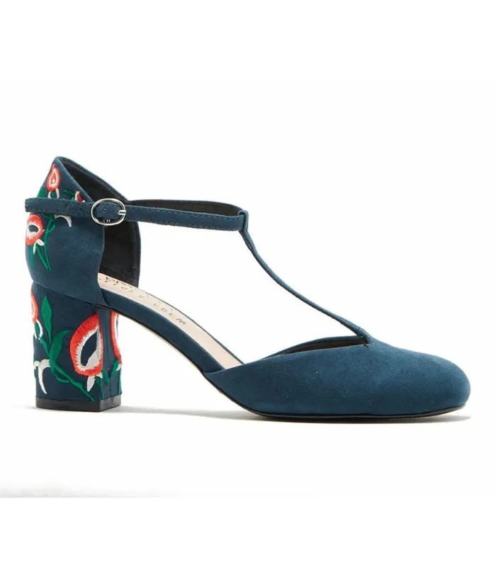 Chelsea Crew 1920s Navy TStrap Embroidered Frenchie Heels Shoes Unique Vintage Heels