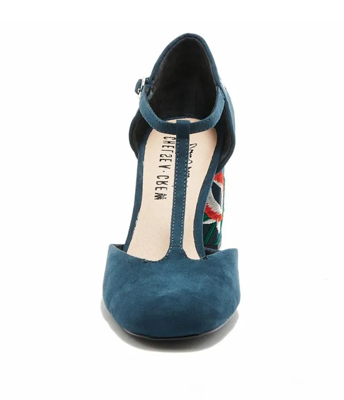 Chelsea Crew 1920s Navy TStrap Embroidered Frenchie Heels Shoes Unique Vintage Heels