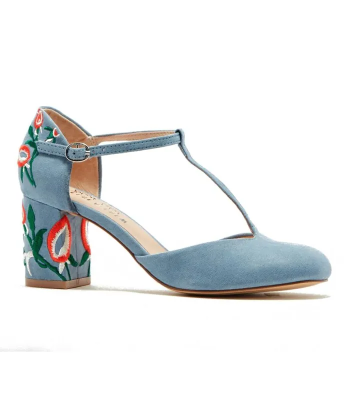 Chelsea Crew 1920s Sky Blue TStrap Embroidered Frenchie Heels Shoes Unique Vintage Heels