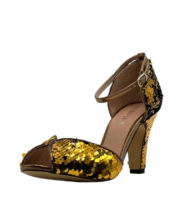 Chelsea Crew Black and Gold Sequin Lola Pumps Shoes Unique Vintage Heels