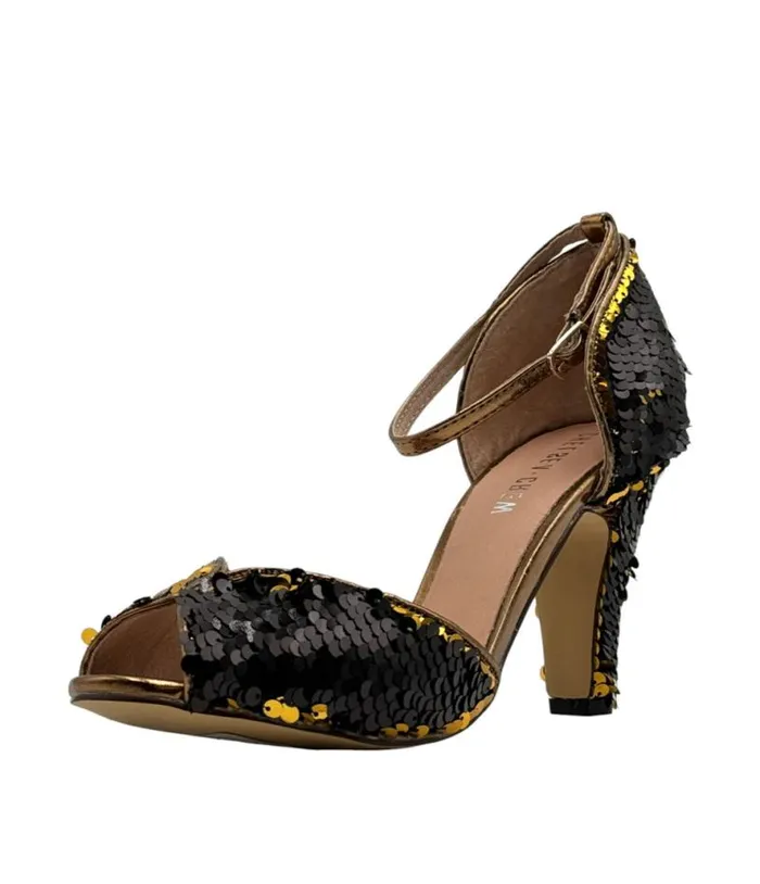 Chelsea Crew Black and Gold Sequin Lola Pumps Shoes Unique Vintage Heels
