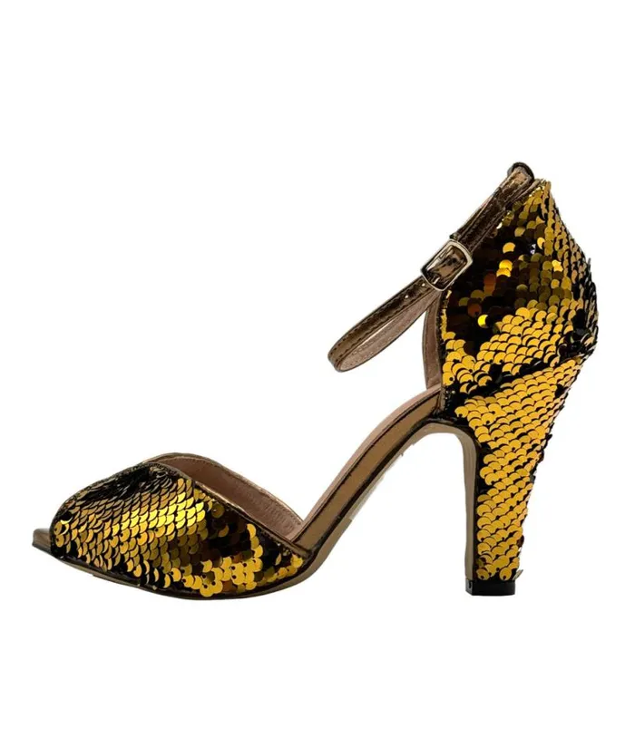 Chelsea Crew Black and Gold Sequin Lola Pumps Shoes Unique Vintage Heels