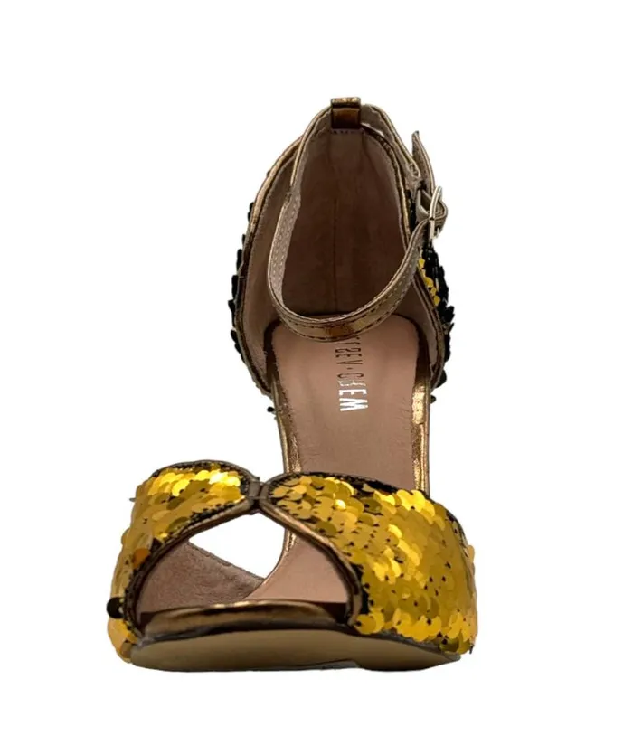 Chelsea Crew Black and Gold Sequin Lola Pumps Shoes Unique Vintage Heels