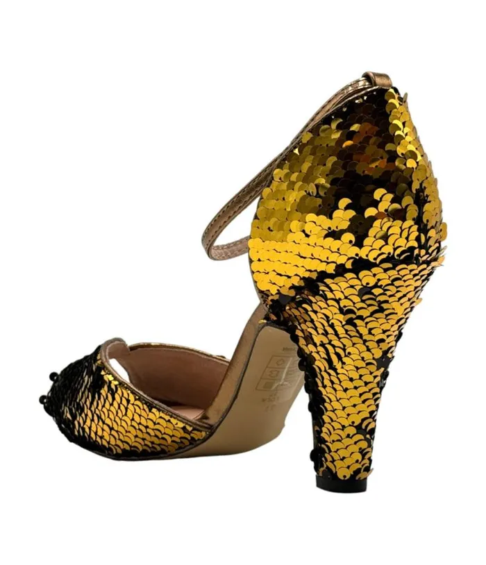 Chelsea Crew Black and Gold Sequin Lola Pumps Shoes Unique Vintage Heels