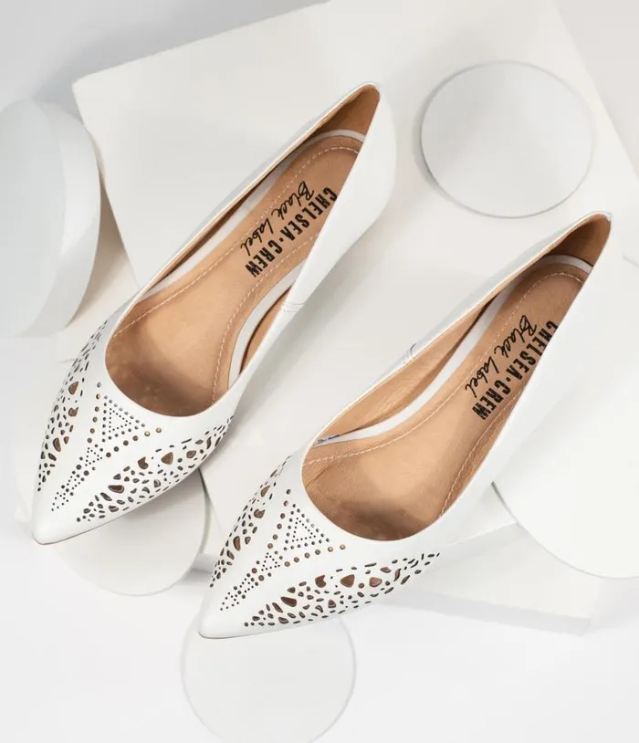 Chelsea Crew White Cutout Leather Sofia Flats Shoes Unique Vintage Flats