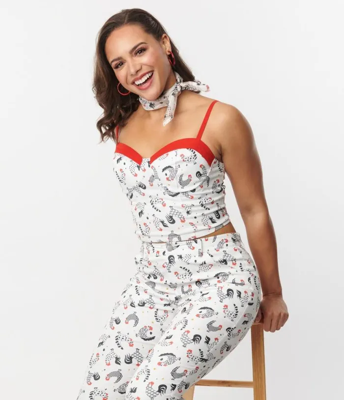 Chicken Print and Red Contrast Crop Top Clothing Unique Vintage Blouses