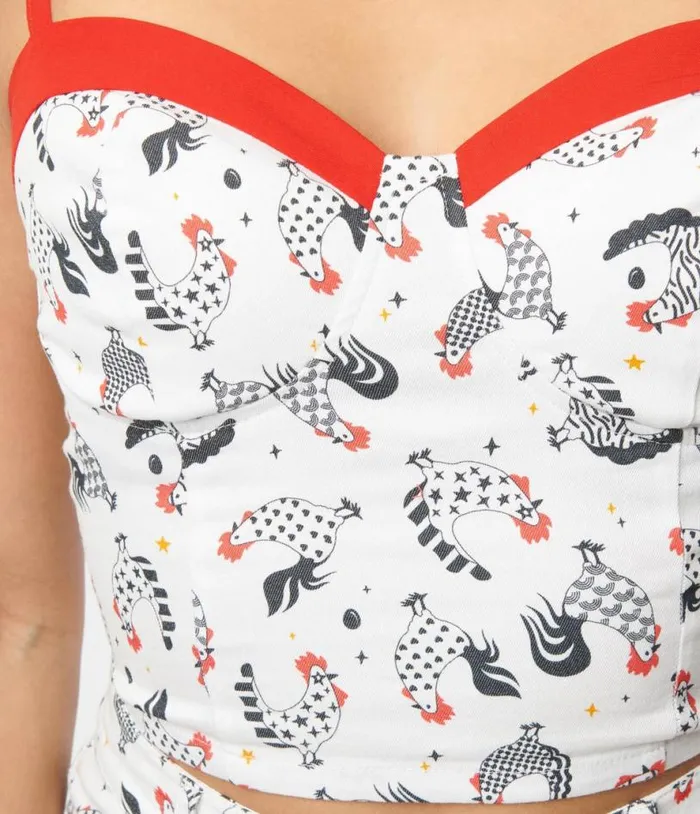 Chicken Print and Red Contrast Crop Top Clothing Unique Vintage Blouses