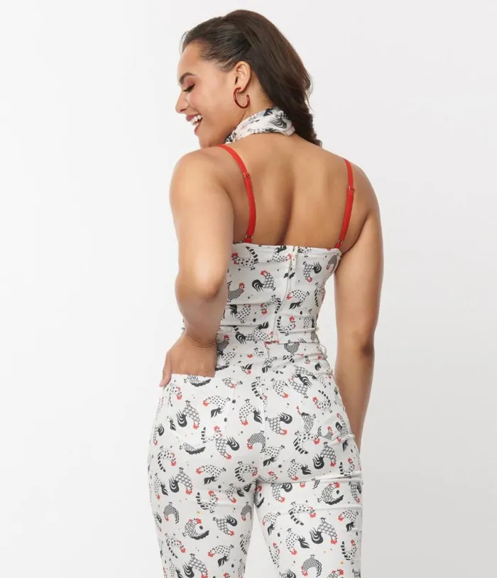 Chicken Print and Red Contrast Crop Top Clothing Unique Vintage Blouses