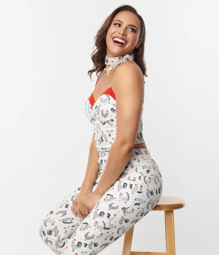 Chicken Print and Red Contrast Crop Top Clothing Unique Vintage Blouses