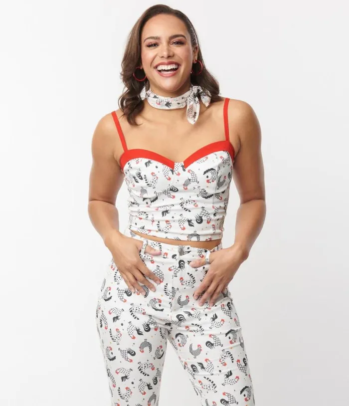 Chicken Print and Red Contrast Crop Top Clothing Unique Vintage Blouses