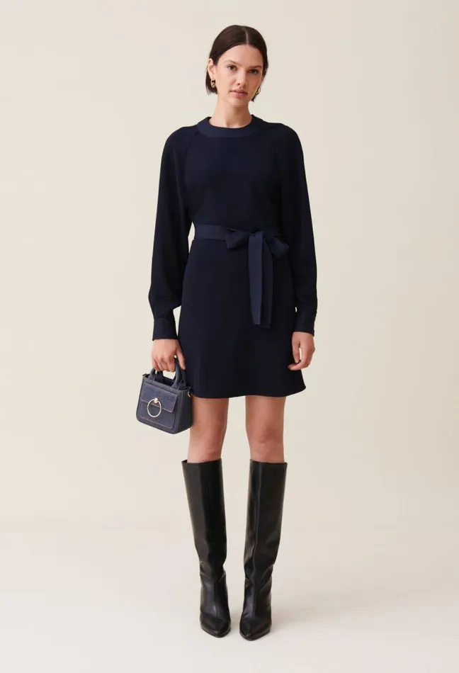 Claudie Pierlot Navy Belted Babydoll Dress Clothes Dresses