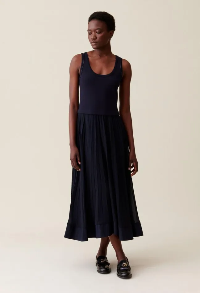 Claudie Pierlot Navy Blue Long Pleated Dress Clothes Dresses
