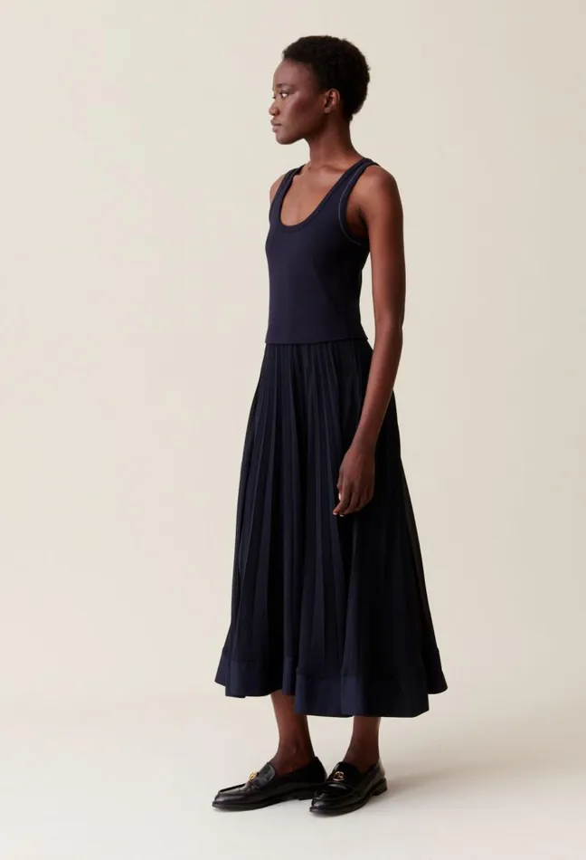 Claudie Pierlot Navy Blue Long Pleated Dress Clothes Dresses