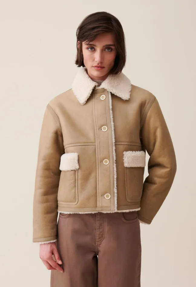 Claudie Pierlot Short Beige Shearling Jacket Clothes Coats