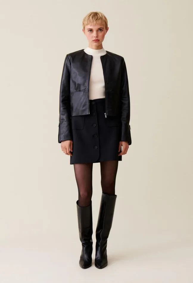 Claudie Pierlot Short Round Neck Leather Jacket Clothes Jackets