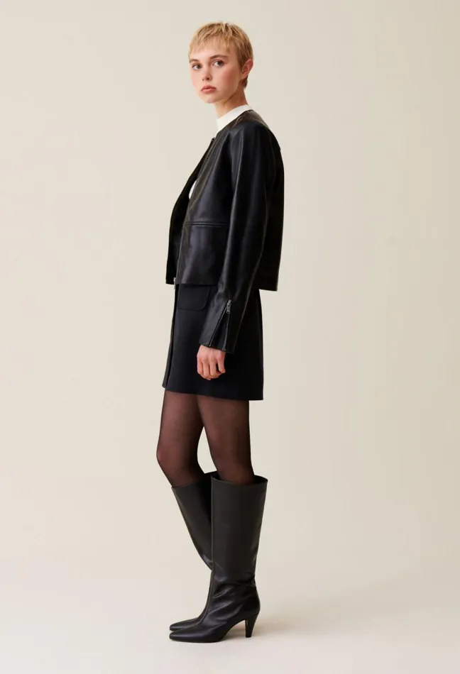 Claudie Pierlot Short Round Neck Leather Jacket Clothes Jackets