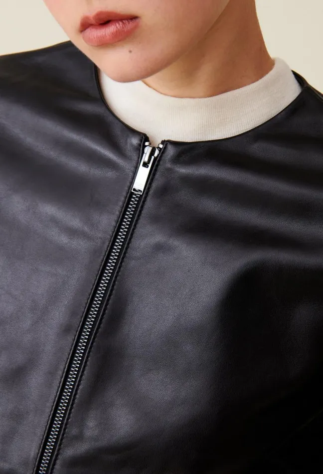 Claudie Pierlot Short Round Neck Leather Jacket Clothes Jackets
